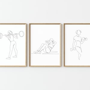 3er-Set Fitness Gym Decor One Line Wandkunst Poster