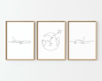 Set of 3 Airplane Aviation One Line Drawing Wall Art