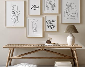 Set of 6 Couple One Line Drawing Wall Art + 1 Bonus Print For Free