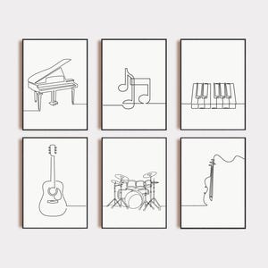 Set di 6 poster decorativi da parete con disegno a tratteggio di musica per pianoforte