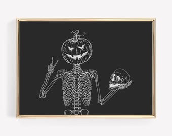 Impresión de Halloween de calabaza esquelética: Arte mural de brujas (descarga digital)