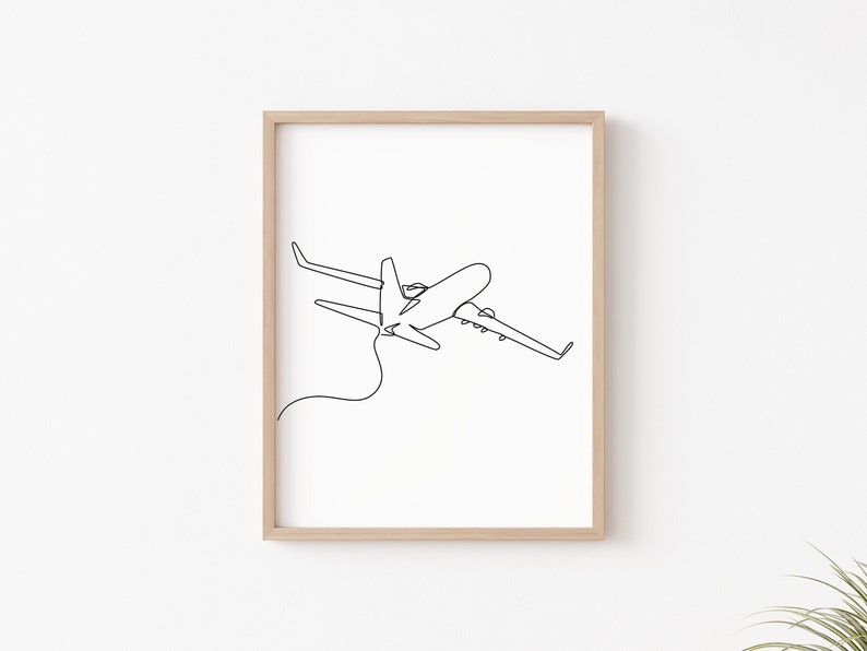 May include: A black and white line drawing of an airplane in flight. The airplane is drawn in a single continuous line.