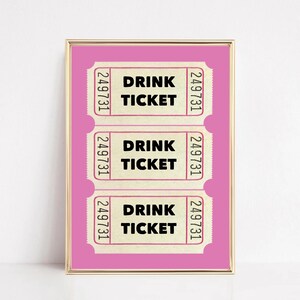 Felroze drankje ticket poster, barwagen kunst, cocktailprint, dopamine decor, cheers print, trendy muurkunst, ticket kunst aan de muur