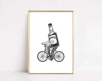 Whiskey Bottle on Bike Art Print: Playful Bar Cart Decor (Digital Download)