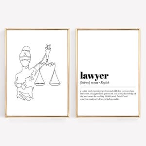 Set van 2 Vrouwe Justitia kunst & advocaat definitie print - advocaat kantoor decor, rechtenschool cadeau, advocaat cadeau, rechten student cadeau, typografie poster