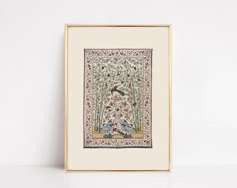 Antique Textile Wall Art – Vintage Tapestry Print, Indian Folk Art, Light Academia Decor