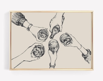Puede incluir: Un dibujo en blanco y negro de cuatro personas levantando sus vasos para brindar. Las personas están dibujadas en un estilo simple, y los vasos están llenos de un líquido. La imagen está sobre un fondo beige claro.