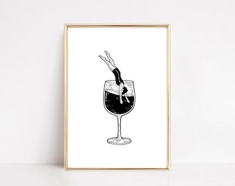 Wydruk artystyczny „Wine Diver”: wyjątkowa dekoracja baru (pobranie cyfrowe)