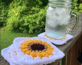 Set of 4 Sunflower Granny Square Crochet Coasters