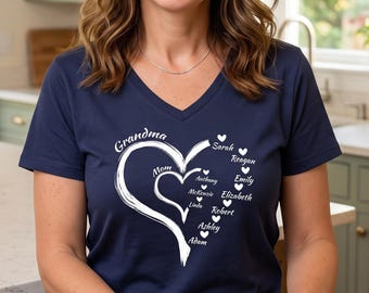 Custom Grandma V-Neck T-Shirt with Kid Names, Personalized Heart Grandma Shirt, Cute Grandkids Name T-Shirt, Heart Family Tree Sweatshirt