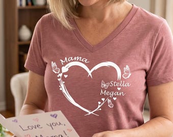 Personalized Mama V-Neck T-Shirt with Kids Names, Butterfly Heart Tee, Mom of Girls Shirt, Mommy Shirt, Custom Holiday Gift for Mom