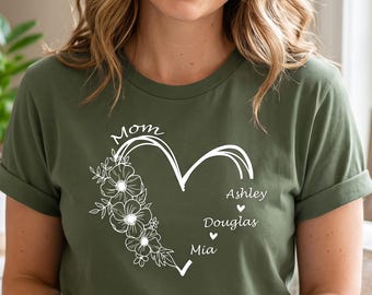 Custom Mom Shirt with Kids Names, Personalized Floral Heart Tee, New Grandma Gift Family Names Sweatshirt, Mama Garden Flower T-Shirt