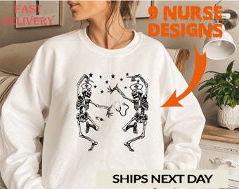 Nurse Skeleton Dancing Halloween Sweatshirt, Skeleton Nurse Hallowen Shirt, Halloween Crewneck, Ghost Hoodie, Nurse Witchy Sweatshirt, W32