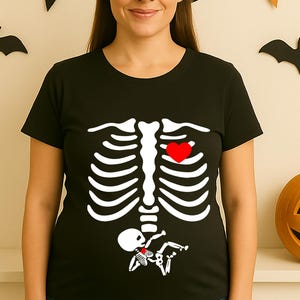 Skeleton Maternity Shirt, Halloween Pregnancy Baby Bump Tee, Spooky Season Mom Gift