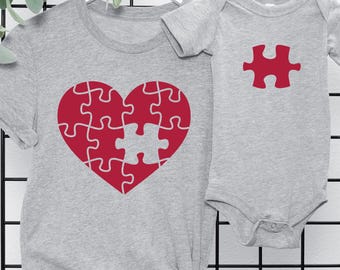 Puzzle Heart Mommy and Me Shirt, Matching Mom and Baby Bodysuit Set, Missing Piece Toddler Tee Gift