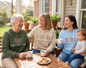 Custom Grandkids Names Sweatshirt, Personalized Nana Shirt With Hearts, Mom Mama Gigi Grandma Crewneck, Family Gift Tee or V-Neck