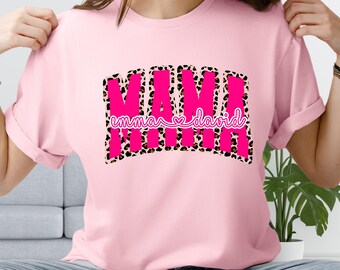 Personalized Mama Shirt with Kids Names, Leopard Print Mom Tee, Custom Mom Birthday Gift Shirt