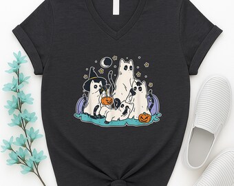 Spooky Season Fall Tee Ghost Cat Shirt, Spooky Black Cat Crewneck, Fall Season Sweatshirt