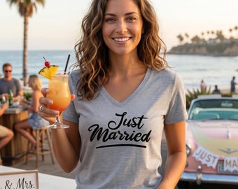 Just Married V-Neck Shirt, Honeymoon Vacation T-Shirt, Newlywed Bride Top, Bridal Shower Tee, Just Married Shirt Gift, Wedding Trip Apparel