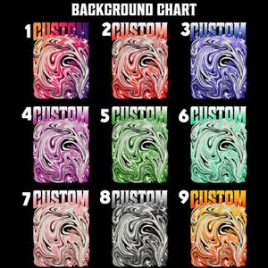 K&ouml;nnte beinhalten: Eine Hintergrundkarte mit neun individuellen Designs mit einem wirbelnden Marmoreffekt. Die Designs sind in verschiedenen Farben gehalten, darunter Rosa, Rot, Lila, Gr&uuml;n und Orange. Der Text "BACKGROUND CHART" steht oben, mit "CUSTOM" &uuml;ber jedem Design.