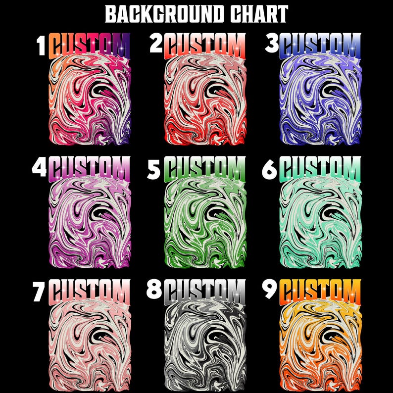 K&ouml;nnte beinhalten: Eine Hintergrundkarte mit neun individuellen Designs mit einem wirbelnden Marmoreffekt. Die Designs sind in verschiedenen Farben gehalten, darunter Rosa, Rot, Lila, Gr&uuml;n und Orange. Der Text "BACKGROUND CHART" steht oben, mit "CUSTOM" &uuml;ber jedem Design.
