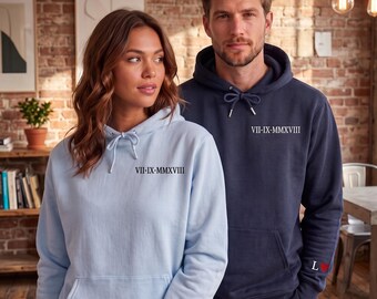 Roman Numeral Hoodie, Custom Anniversary Date Couple Hoodies, Matching Name Sweatshirt, Personalized Initial Heart Shirt