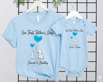 First Fathers Day Elephant Shirt, Personalized Daddy and Me Tee 2026, Custom New Dad Gift Tshirt, Baby Bodysuit Matching Shirts