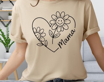 Wildflower Mama Tee, Hand Drawn Doodle Heart Shirt, Boho Groovy Mom Gift Shirt, Cute New Mom Birthday Tee