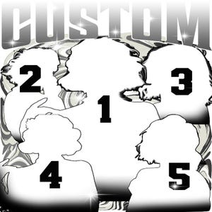 K&ouml;nnte beinhalten: Grafikdesign mit dem Wort "CUSTOM" in silberner, blockartiger Schrift. Silhouetten von f&uuml;nf Figuren sind von 1 bis 5 in Schwarz nummeriert. Der Hintergrund hat einen wirbelnden Marmoreffekt in Grau- und Wei&szlig;t&ouml;nen.