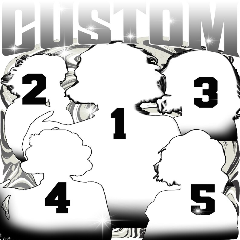 K&ouml;nnte beinhalten: Grafikdesign mit dem Wort "CUSTOM" in silberner, blockartiger Schrift. Silhouetten von f&uuml;nf Figuren sind von 1 bis 5 in Schwarz nummeriert. Der Hintergrund hat einen wirbelnden Marmoreffekt in Grau- und Wei&szlig;t&ouml;nen.