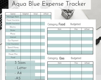 Printable Aqua Blue Expense Tracker Template l Editable l Instant Download l Sizes Letter, A4, A5