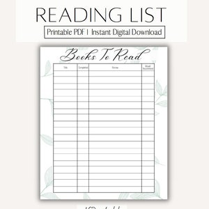 Plantilla de lista de lectura de libros imprimible l Editable l Descarga digital instantánea l Tamaños carta, media, A4 y A5 PDF