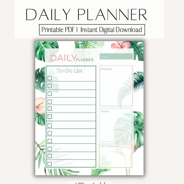 Printable Daily Planner Tropical Print l Instant Digital Download l Sizes Letter, Half, A4 and A5 PDF