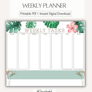 May include: A printable weekly planner with a tropical theme. The planner has a green and white color scheme with a floral design. The planner has a section for each day of the week, Monday through Sunday, and a notes section at the bottom.