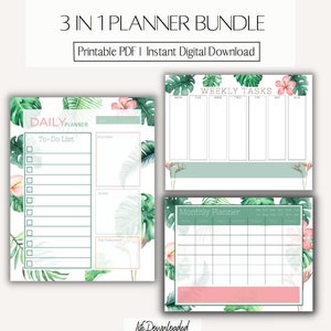 Pacote de planejador 3 em 1 Design de impressão tropical l Inserções de planejador para impressão diária, semanal e mensal l Download digital instantâneo de PDF