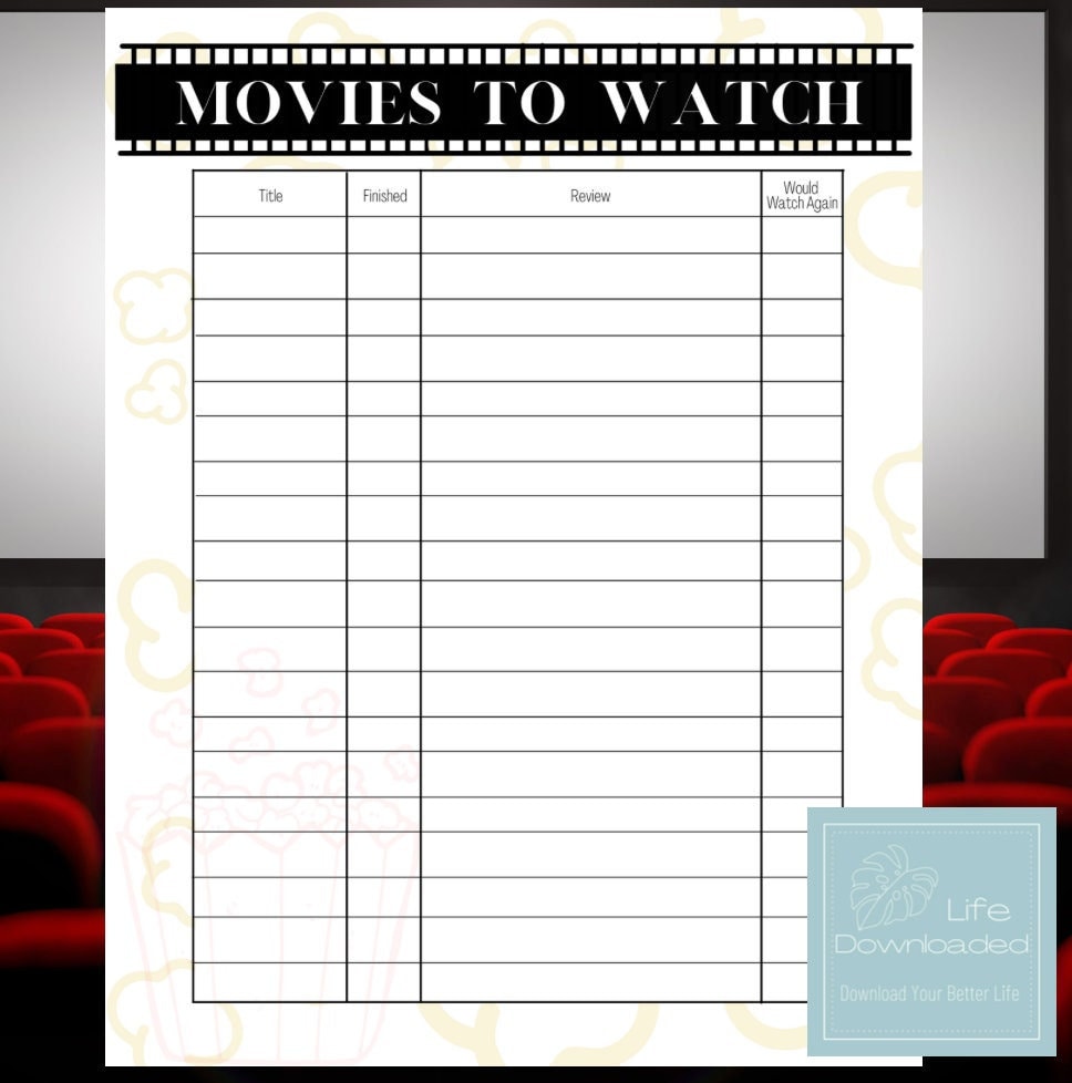 Printable Movies to Watch List Template L Editable L Instant Digital