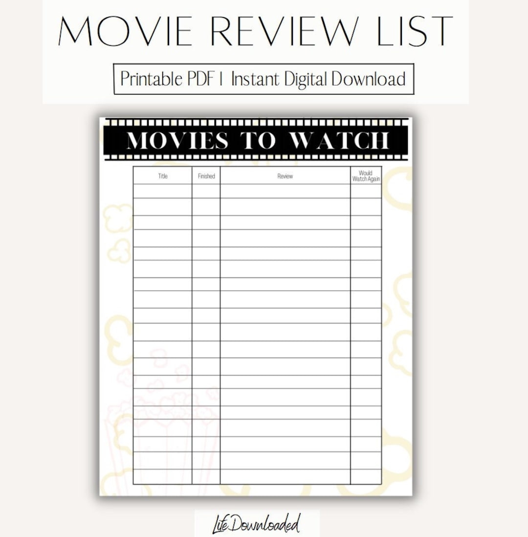 Printable Movies to Watch List Template L Editable L Instant Digital