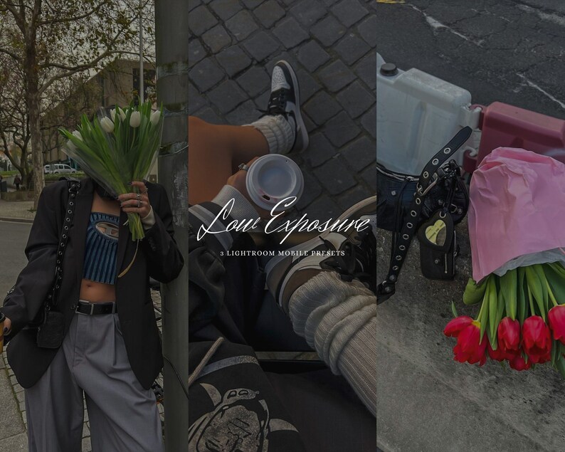 May include: A triptych image featuring a person holding white tulips, a person holding a coffee cup, and a bouquet of red tulips. The text "Low Exposure" and "3 Lightroom Mobile Presets" are overlaid on the image. The overall aesthetic is muted and stylish.