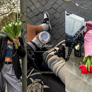 May include: A collage featuring a person holding a bouquet of white tulips, a person holding a coffee cup, and a bouquet of red tulips. The image also includes a black jacket, a black purse, and a black belt. The text "Base 3 Lightroom Mobile Presets" is visible.