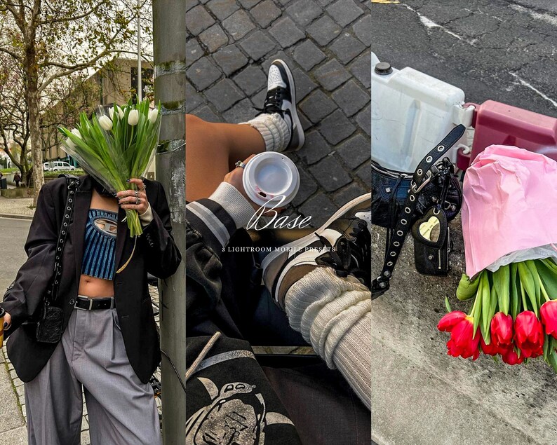May include: A collage featuring a person holding a bouquet of white tulips, a person holding a coffee cup, and a bouquet of red tulips. The image also includes a black jacket, a black purse, and a black belt. The text "Base 3 Lightroom Mobile Presets" is visible.