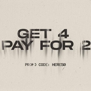 May include: Text-based promotional graphic on a beige background. The text reads "GET 4 PAY FOR 2" in a bold, sans-serif font with a shadow effect. Below, the text "PROMO CODE: HERE50" is displayed.
