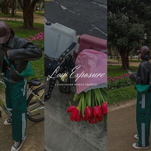 May include: A three-panel image featuring a person in a park setting. The person wears a black leather jacket, green pants with white stripes, and a brown cap. A bicycle and a bouquet of red tulips are also visible. The text "Low Exposure" is overlaid.