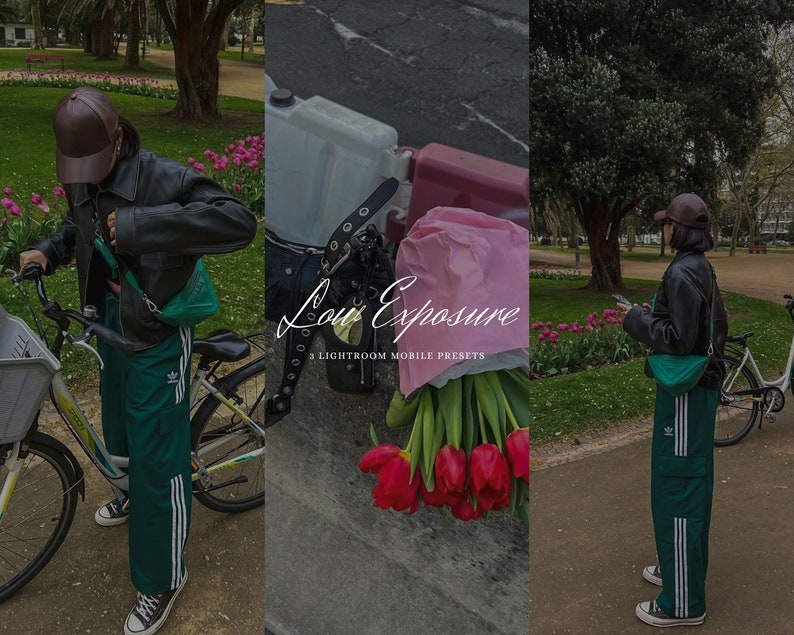 May include: A three-panel image featuring a person in a park setting. The person wears a black leather jacket, green pants with white stripes, and a brown cap. A bicycle and a bouquet of red tulips are also visible. The text "Low Exposure" is overlaid.