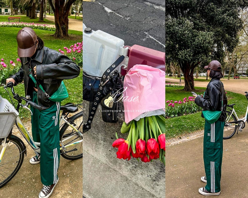 May include: A person wearing a black leather jacket, green Adidas track pants with white stripes, and black Converse sneakers. They are holding a green purse and a brown cap. A bicycle is in the foreground, and a bouquet of red tulips is visible.