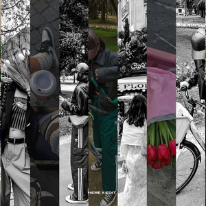 May include: A collage of images featuring street style fashion. The images include a person holding tulips, a person wearing Adidas track pants, and a coffee cup. The color palette includes black, white, green, and red.