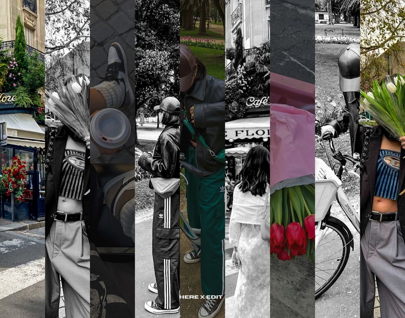 May include: A collage of images featuring street style fashion. The images include a person holding tulips, a person wearing Adidas track pants, and a coffee cup. The color palette includes black, white, green, and red.