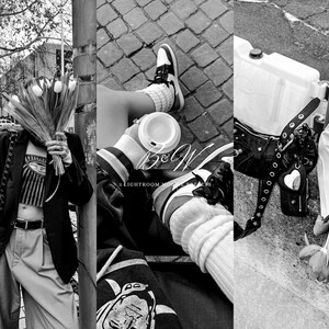 May include: Black and white image collage featuring a person holding a bouquet of tulips, a person wearing sneakers and holding a coffee cup, and a black leather belt with a heart-shaped detail. The image has the text "B&W" and "3 Lightroom Modes".