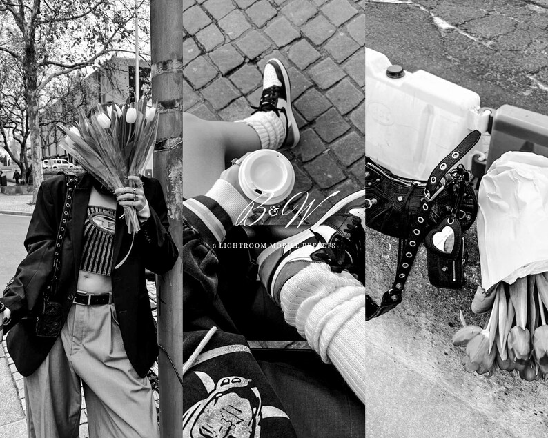May include: Black and white image collage featuring a person holding a bouquet of tulips, a person wearing sneakers and holding a coffee cup, and a black leather belt with a heart-shaped detail. The image has the text "B&W" and "3 Lightroom Modes".