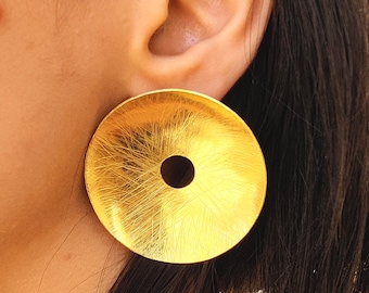 Extra Large Flat Circle Stud Earrings Solid Sterling Silver Pair stud oversized Gold Colored Brass Statement Dangle stud earring