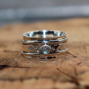 Moonstone Spinner Ring: Hammered 925 Sterling Silver Wide Band